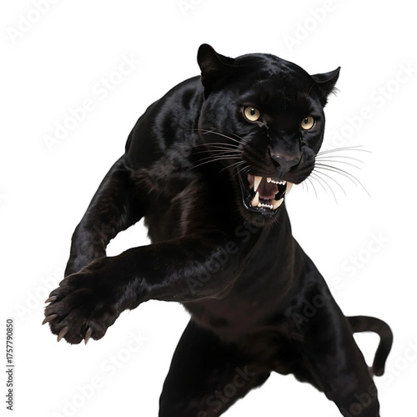 Fototapeta A black panther is depicted in an aggressive stance with sharp teeth bared, showcasing its wild and predatory nature.