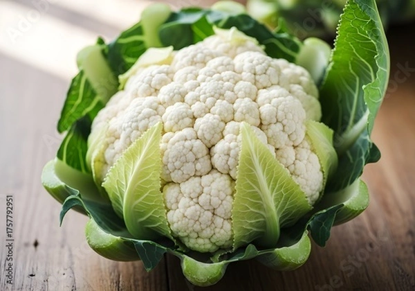 Fototapeta cauliflower on a wooden table, Fresh Cauliflower with Green Leaves on Wooden Surface — Natural Texture and Wholesome Presentation in Rustic Setting