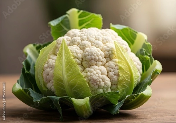 Fototapeta fresh cauliflower on a wooden table, Fresh Cauliflower with Green Leaves on Wooden Surface — Natural Texture and Wholesome Presentation in Rustic Setting