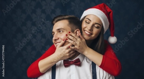 Obraz  Joyful young couple celebrating winter holidays with festive Santa hat, embracing happily against a subtle backdrop