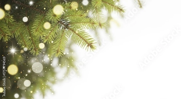 Fototapeta Festive Evergreen Spruce Branches Adorned with Golden Bokeh Lights and Sparkling Particles