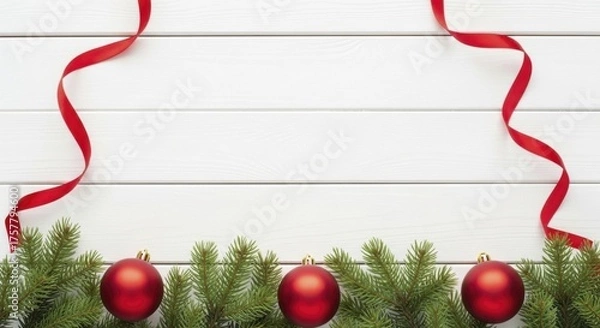 Fototapeta Festive Holiday Border with Red Ornaments and Fir Branches on White Wooden Background