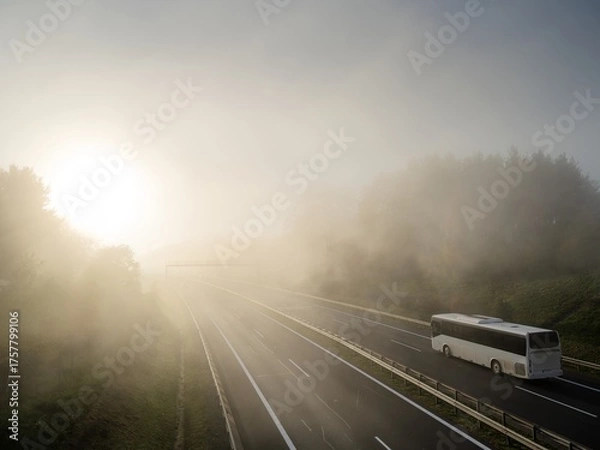Obraz White bus driving on a highway in a forest shrouded in dense fog at sunset