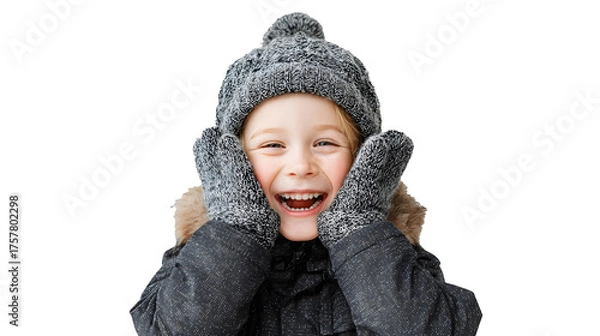 Fototapeta a small child in winter clothes laughs and smiles