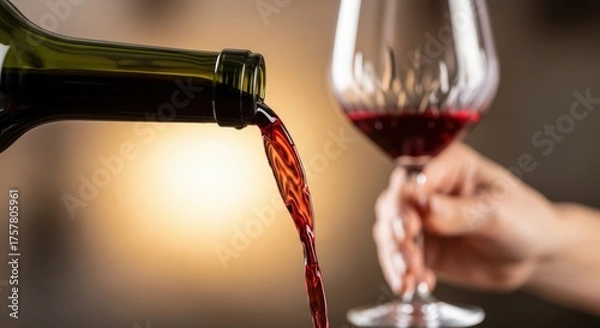 Fototapeta Pouring red wine from a bottle into a glass held by a hand in a blurred background setting indoors