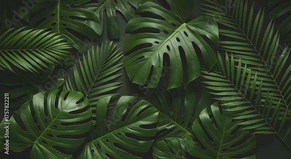 Fototapeta Dark green background with lush Monstera and palm leaves in overlapping layered arrangement