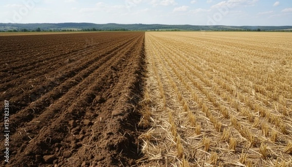 Fototapeta Side view medium shot of a field where plowed and notill sections meet highlighting contrasting soil preparation methods under natural daylight.
