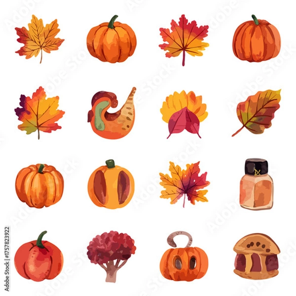 Obraz Thanksgiving bundle Collection of autumn harvest icons featuring pumpkins and fall leaves