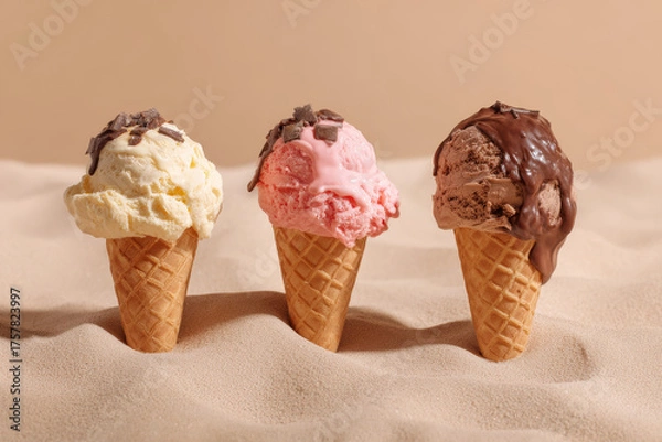 Obraz Delicious melted ice cream cones featuring chocolate, vanilla, and strawberry flavors, topped with chocolate shavings, evoke sweet indulgence
