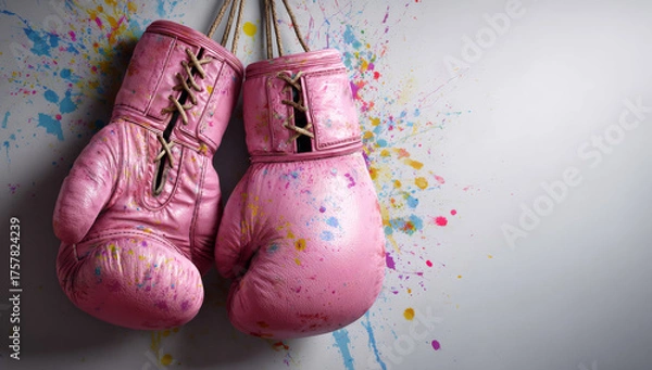 Fototapeta Pink boxing gloves hang against white wall, surrounded by colorful splashes, creating vibrant and energetic atmosphere