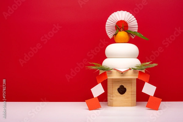 Obraz “鏡餅"を右側に配置した写真　紅白背景　三宝(台座)あり