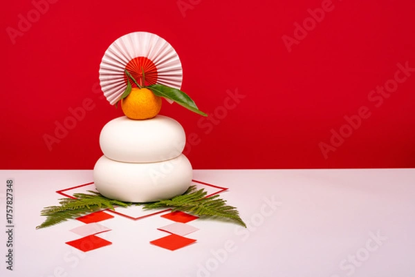 Obraz 本物のお餅“鏡餅“を左側に配置した写真　紅白背景　三宝(台座)無し