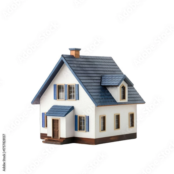 Obraz A detailed miniature house model, white with blue shutters, a grey roof, and a small porch, isolated on a black background