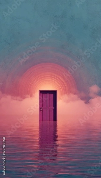 Obraz A purple door stands in shallow, calm water, bathed in a surreal, sunset-hued, cloud-filled archway.  Mysterious and dreamlike