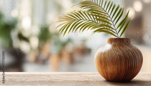 Obraz A single palm frond rests in a round, light brown wooden vase on a light wood surface against a blurred indoor background