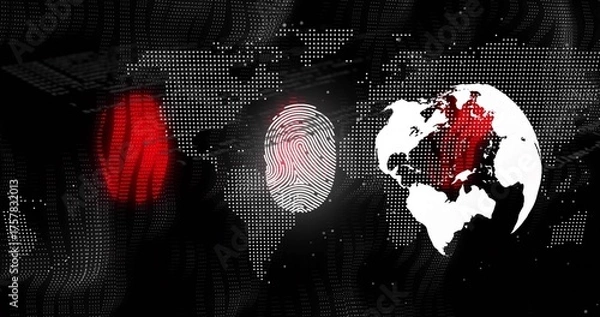 Fototapeta Glowing white fingerprint icon centering on interface, dotted map with red circle and globe icon
