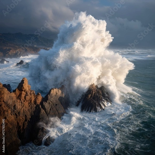 Obraz A powerful ocean wave creates a dramatic spray of foam.