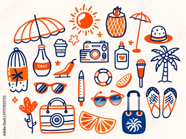 Fototapeta set of summer icons sunglasses, art, symbol, icons, set, icon, vector, illustration, design, holiday, hat, tree, boat, collection, sun, seamless, pattern, summer, beach, travel, sea,