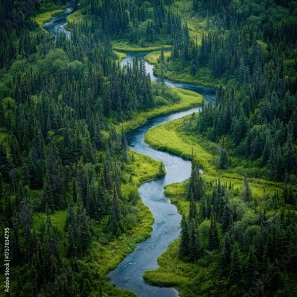 Obraz A serene river winding through lush green boreal forest scenery.