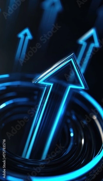 Fototapeta Glowing blue arrows ascend from a dark, circular, technological abyss, suggesting growth and progress
