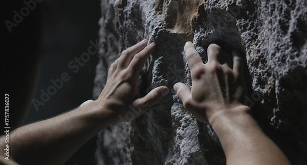 Obraz Close up of hands gripping a rough textured surface, representing challenge and ascent