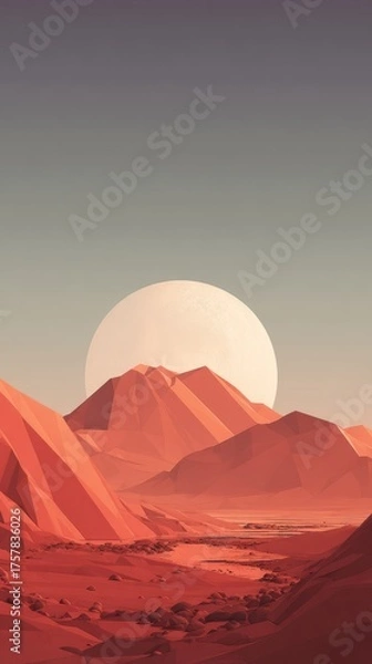 Fototapeta Low-poly desert landscape at sunset/sunrise, featuring reddish-orange mountains and a large, pale celestial body dominating the sky, creating a minimalist, serene atmosphere