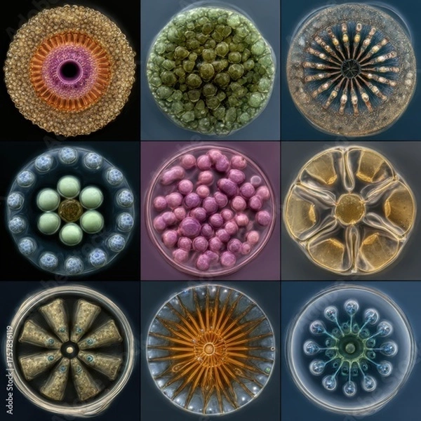Fototapeta Intricate details of diatoms showcasing diverse shapes and patterns.