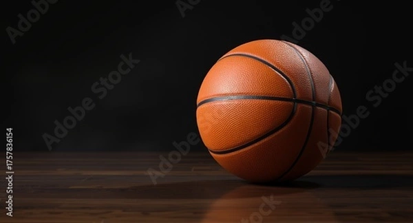 Obraz Close-up of an orange basketball on a polished wooden surface with a dark background