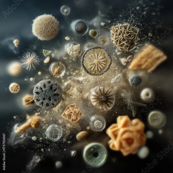 Obraz Intricate details of different types of dust particles magnified.