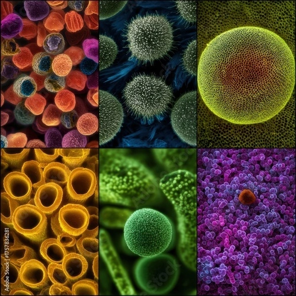Obraz Colorful pollen grains displayed under a microscope with diverse shapes.