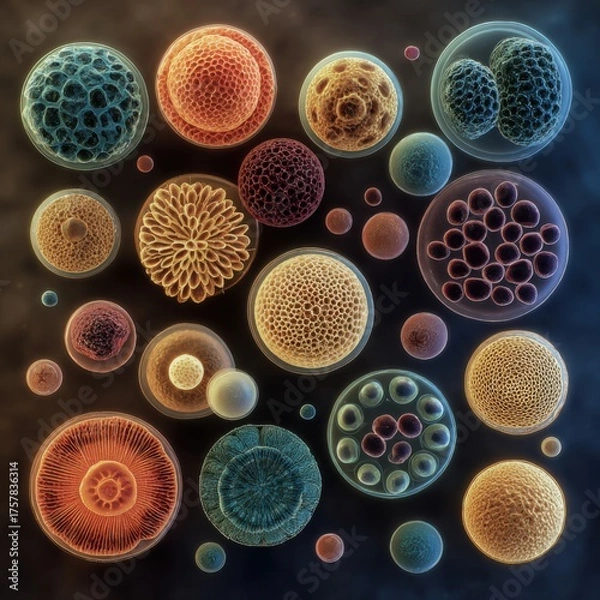 Fototapeta Close-up of diverse yeast cells showcasing different shapes and colors.