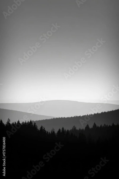 Fototapeta Monochromatic landscape photograph depicting a series of softly-blurred mountain ridges receding into a pale sky; a dark, silhouetted forest occupies the foreground