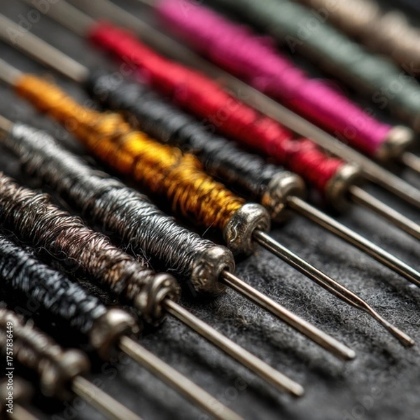 Fototapeta Close-up view of various sewing needles arranged neatly.