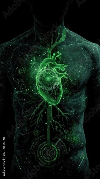 Obraz Glowing green anatomical heart with veins and circulatory system, depicted on a dark, translucent male torso, featuring technological circular elements