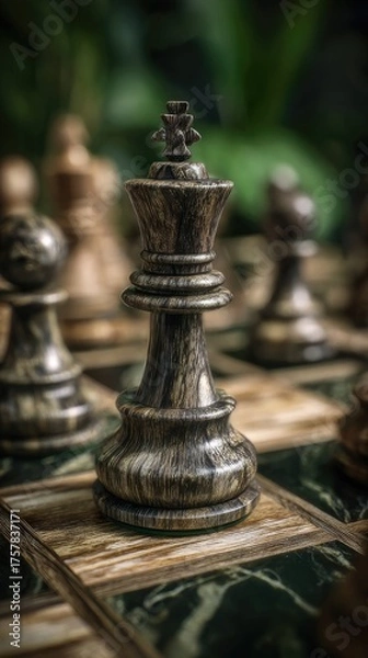 Obraz Close-up of a dark-wood chess queen on a marble board, other pieces blurred in the background, suggestive of strategy and power