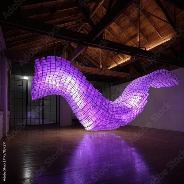 Obraz Illuminated purple sculptural installation, resembling a flowing fabric or wave, composed of numerous small, translucent, cubic elements, displayed in a large, high-ceilinged space with wooden beams