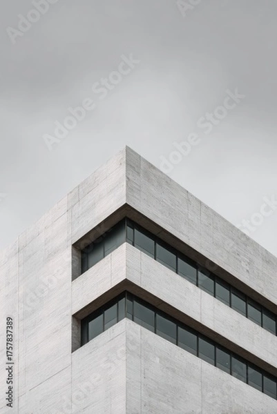 Obraz Low-angle shot of a modern, light-grey concrete building corner, featuring horizontal lines of rectangular windows against a muted sky