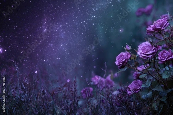 Obraz Night garden scene with purple roses blooming under a starry, purple-hued sky; bokeh effect adds a dreamy, magical feel