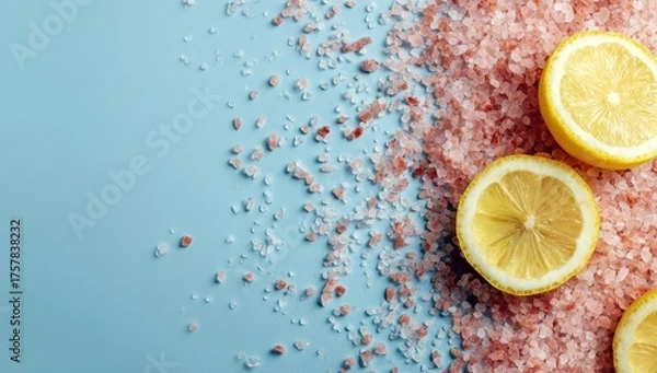 Obraz Pink Himalayan salt crystals and lemon slices artfully arranged on a light blue background, creating a vibrant, textured contrast with ample negative space