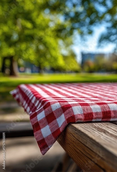 Obraz Red and white checkered tablecloth on a rustic wooden picnic table outdoors, shallow depth of field blurring a sunny park background