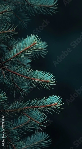 Obraz Teal evergreen boughs with reddish-brown stems against a dark, blurred background, showcasing intricate needle detail and a vertical composition