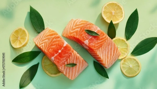 Obraz Two salmon fillets, arranged with lemon slices and green leaves on a pale green background, illuminated by sunlight creating shadows