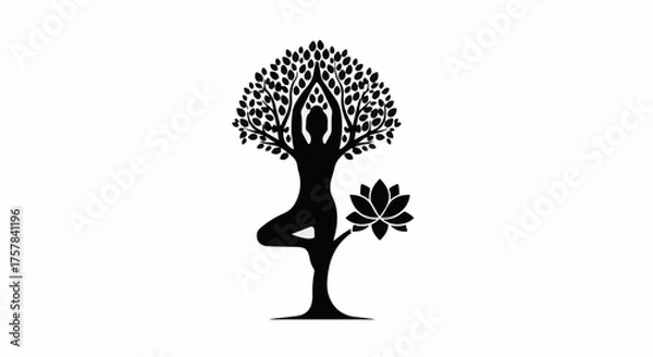 Fototapeta Silhouette of a person in tree pose integrated with a stylized tree and lotus flower, symbolizing balance and nature.