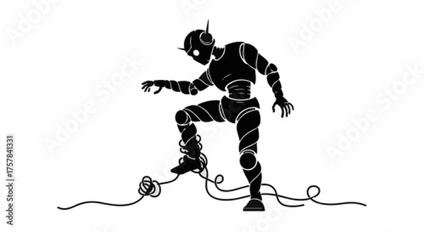 Fototapeta Futuristic robot entangled in wires, symbolizing technological struggle and complexity.