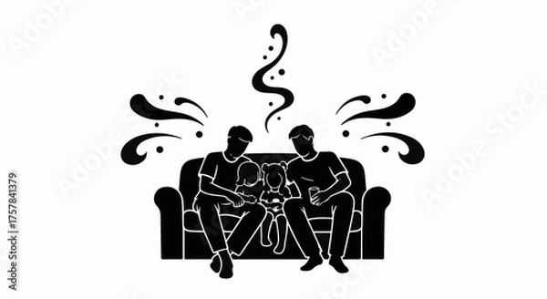 Obraz Loving couple shares a tender moment with their child and pet on a cozy sofa.