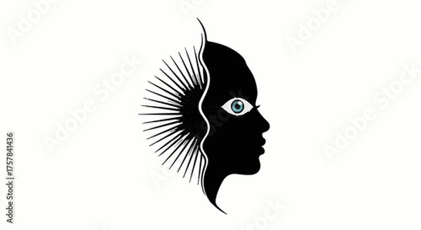 Fototapeta Mysterious profile silhouette revealing an eye within a radiant, abstract sunburst.