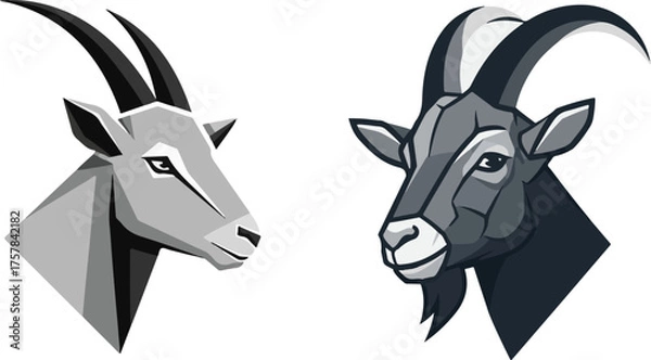 Obraz Geometric Horned Animal Head Profiles in Grayscale Vector Style