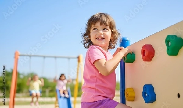 Obraz Joyful little girl confidently climbs a colorful rock wall on a sunny playground, symbolizing healthy childhood development, activity, and fun.