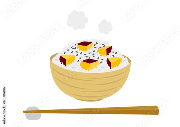 Fototapeta 茶碗に盛られたさつま芋ご飯と箸のイラスト
