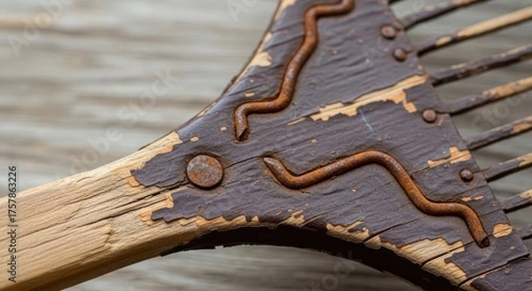 Fototapeta Rustic charm of an old weathered pitchfork highlighting aged wood and corroded metal details